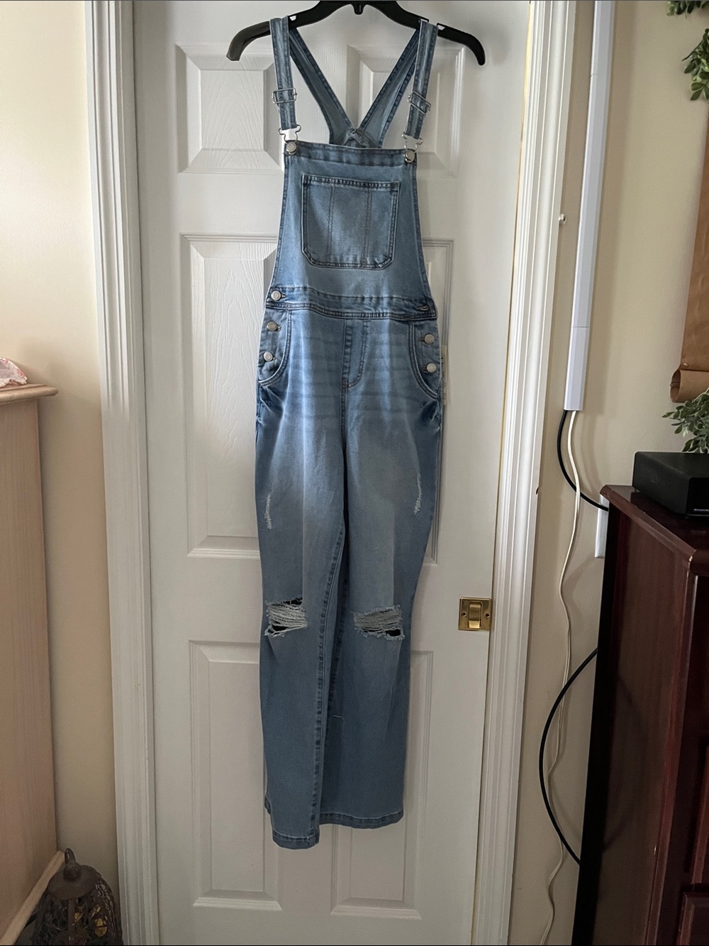 No Boundaries Light Blue Distressed Women's Denim Overalls